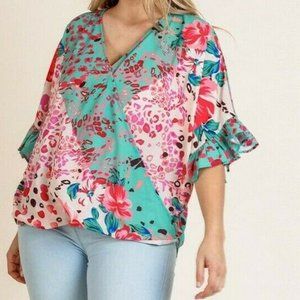 Umgee Top Floral Animal Ruffle Sleeve Plus Size